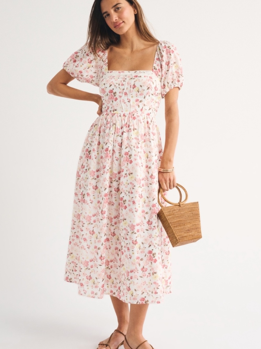 Abercrombie & Fitch Pink Floral Square-Neck Midi Dress - Picture 1 of 6
